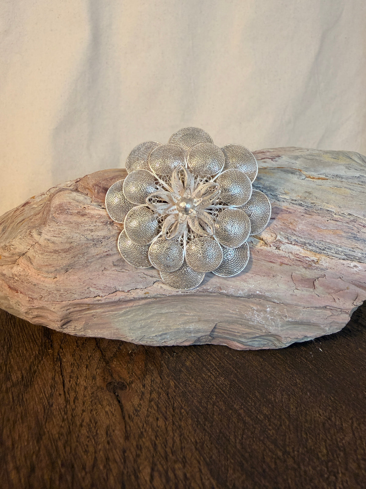 Sterling Silver Filigree Daisy Rose Flower Brooch
