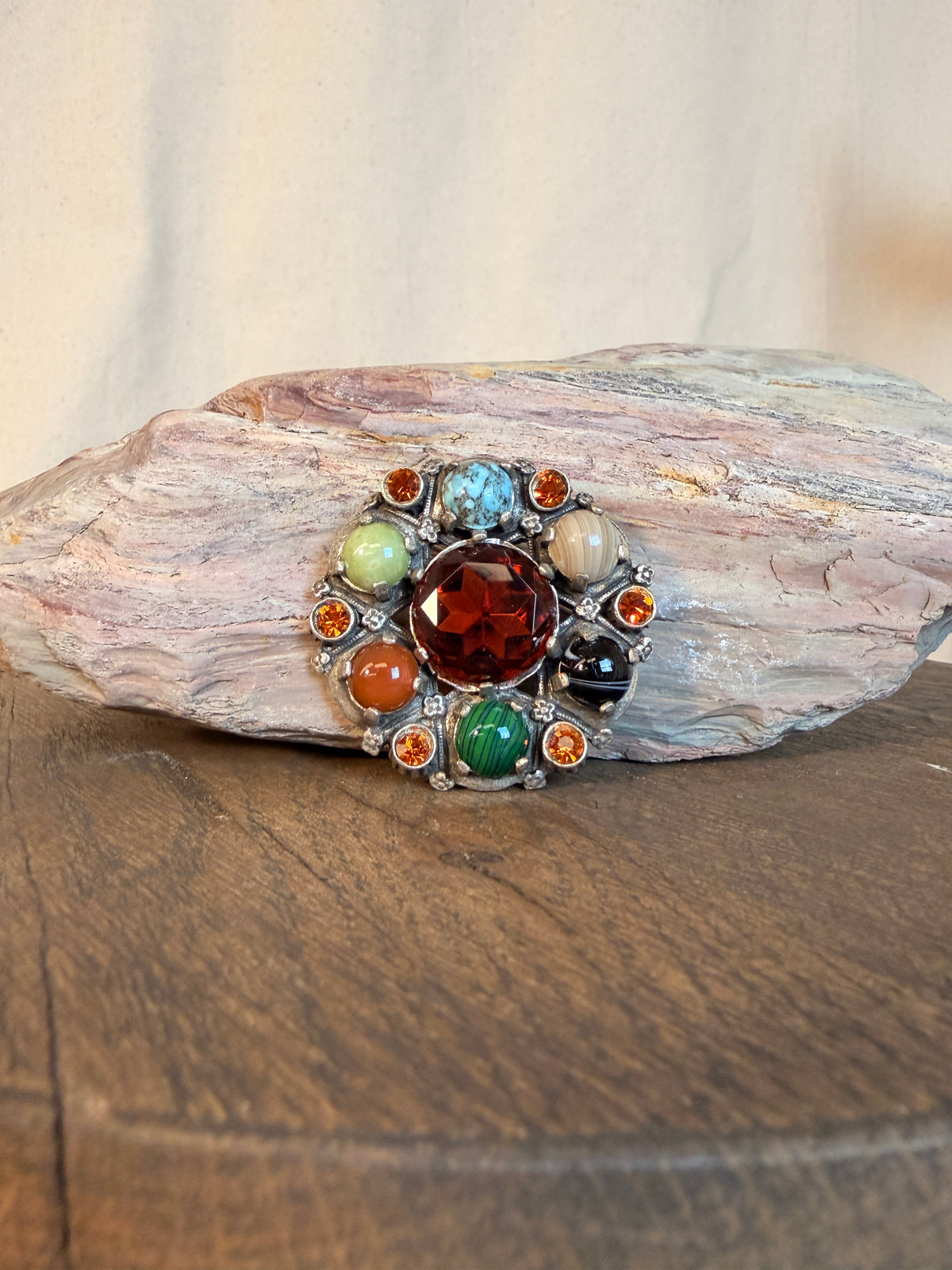 Vintage Miracle Brooch Scottish Celtic Glass Cabochons and Rhinestones Signed