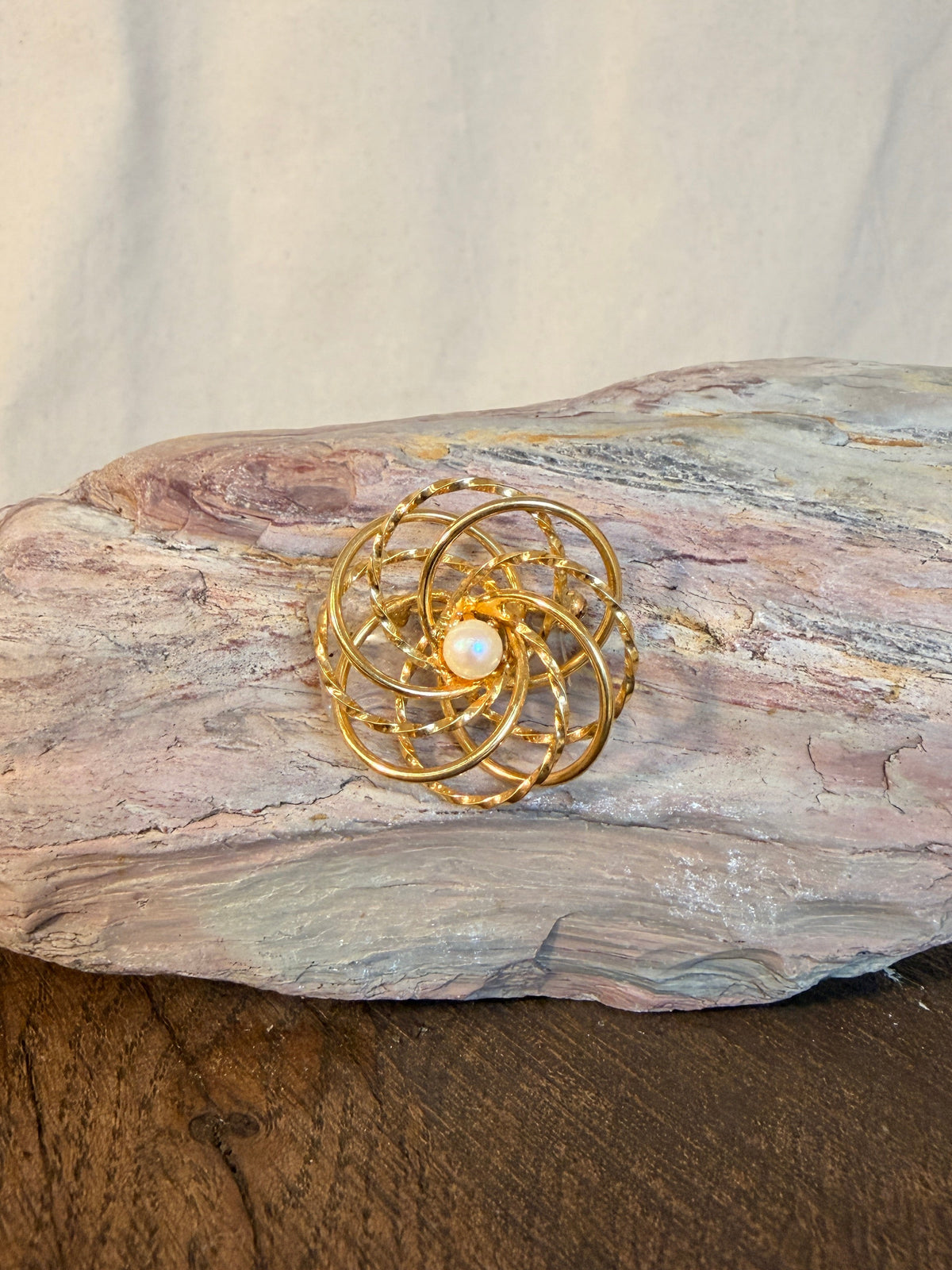 Vintage Gold-Tone Spiral Brooch With Faux Pearl Centerpiece Flower