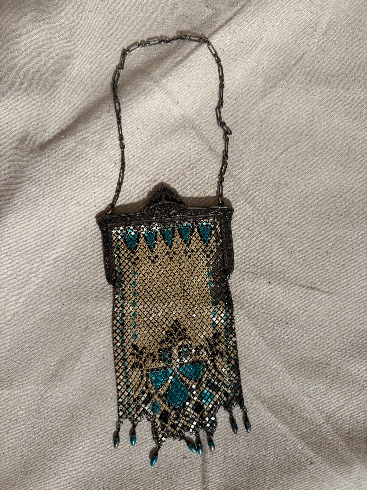 Blue Dangle Vintage 1920s Art Deco Mandalian Mfg. Co. Enamel Mesh Purse Flapper Evening Bag